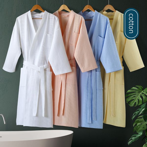 

men's sleepwear 5 star el bathrobe knee length summer robe cotton waffle bath plus size kimono men women dressing gown, Black;brown
