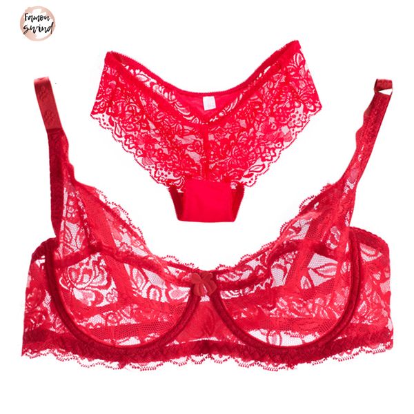 

женщины прозрачный бюстгальтер набор три четверти ultra thin бюстгальтера и трусиков sexy кружева bralette brief b lingerie нижнее белье set, Red;black