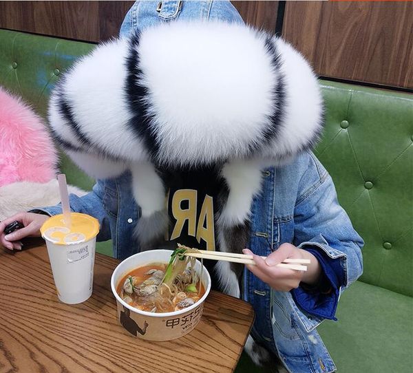 

2019 lavish fox fur trim hoody maomaokong brand black white plaid fox fur lining demin blue parkas for women