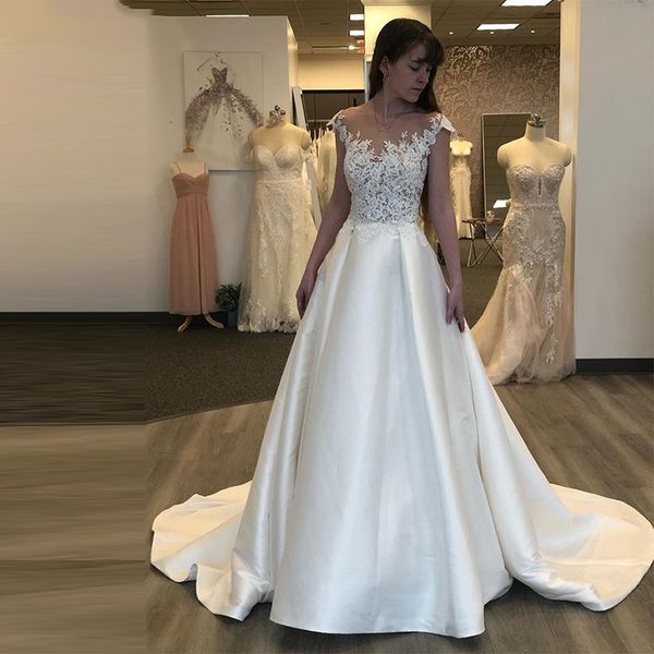 

simple a line wedding dresses sheer neck cap sleeves appliques new wedding gowns illusion bodice backless bridal gowns, White