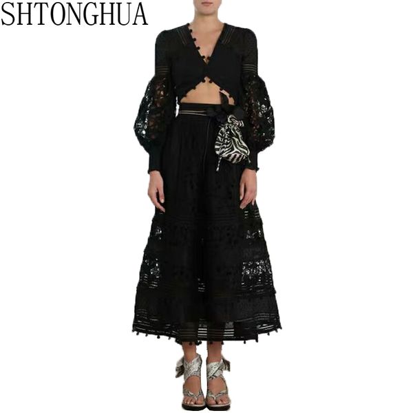 

shtonghua 2 piece set summer women lantern sleeve patchwork lace + high waist a line hollow out skirt sets, White
