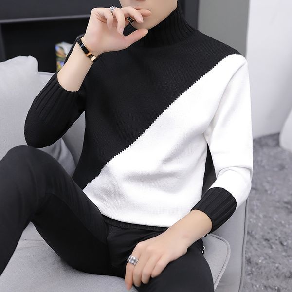 

2020 winter men sweaters men brand spliced knitted pullover man casual slim fit sweater male thick turtleneck pullovers -xxl, White;black