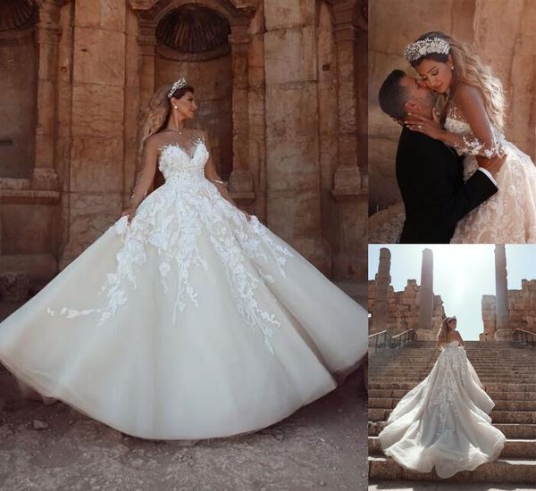

dubai retro lace wedding dresses beading illusion formal vintage arabic a line bridal gowns with long sleeves vestidos de novia, White