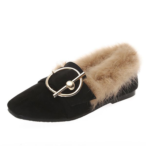 

european brand ladies shoes fur flats 100% rabbit hair moccasins comfy loafer women oxford furry shoes metal buckle flats winter, Black