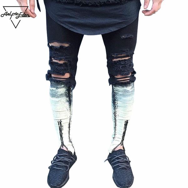 

aelfric eden 2017 ripped patchwork zipper jeans mens hit color skinny jeans beggar style attrit holes men locomotive, Blue