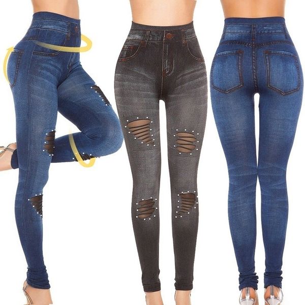 

2019 women's stretchy skinny jeggings imitation jeans seamless denim leggings, Black