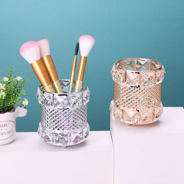 

european elegant metal crystal makeup brushes storage tube eyebrow pencil cosmetic pens holder deskjewelry box organizer