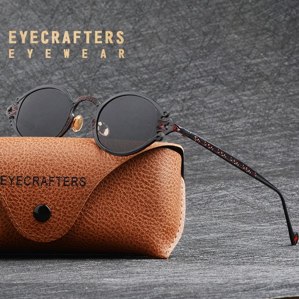 

luxury black metal brand designer sunglasses mens womens oval round gothic sunglasses retro vintage steam punk carved, White;black