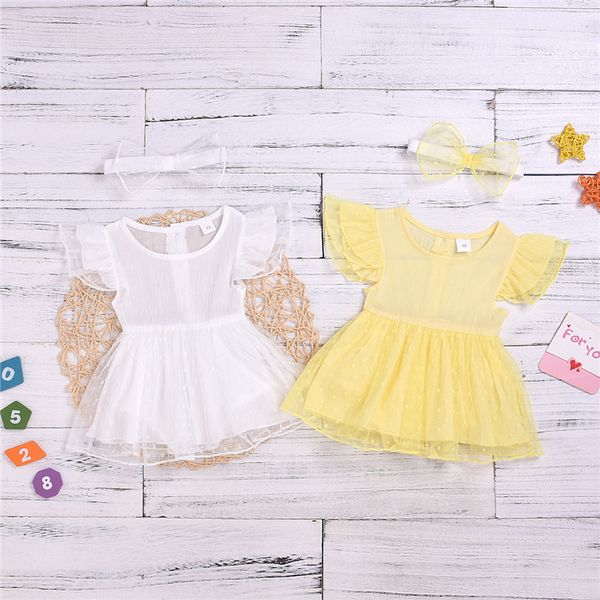 

summer girls kids dresses 2 colors short sleeve princess dress printed gauze skirt +bows headband 2pcs kids designer clothes girls jy366, Red;yellow