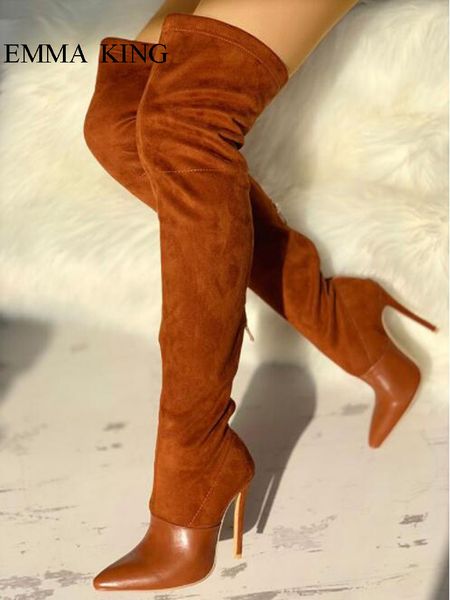 

women brown stretch over the knee boots patchwork design long riding boots pointed toe stiletto high heels zipper ladies shoes, Black