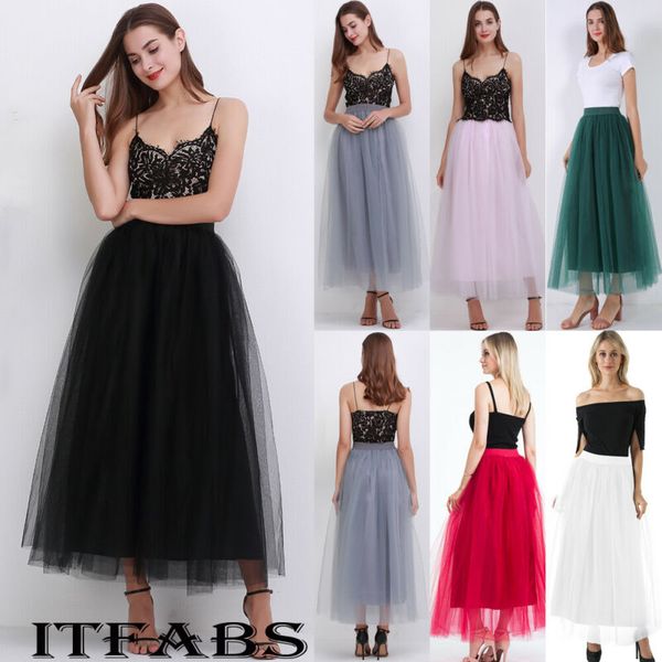 

2020 women`s 4 layers tulle skirt long dress princess solid color ballet tutu dance high waist skirt, Black