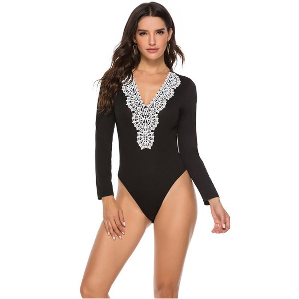 

cotton lace long sleeve v neck plus size spring autumn bodycon one piece body suit mujer bodysuit women bodies ladies 2019