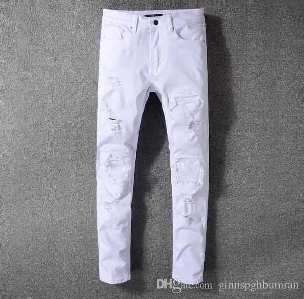

19ss high street hole men's jeans white amiri punk wind stretch slim feet denim pants men, Blue