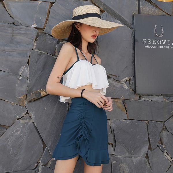 

2020 women's body skirt swimsuit split skirt flat angle steel support chest gathering spring holiday three-piece swimsuit, White;black