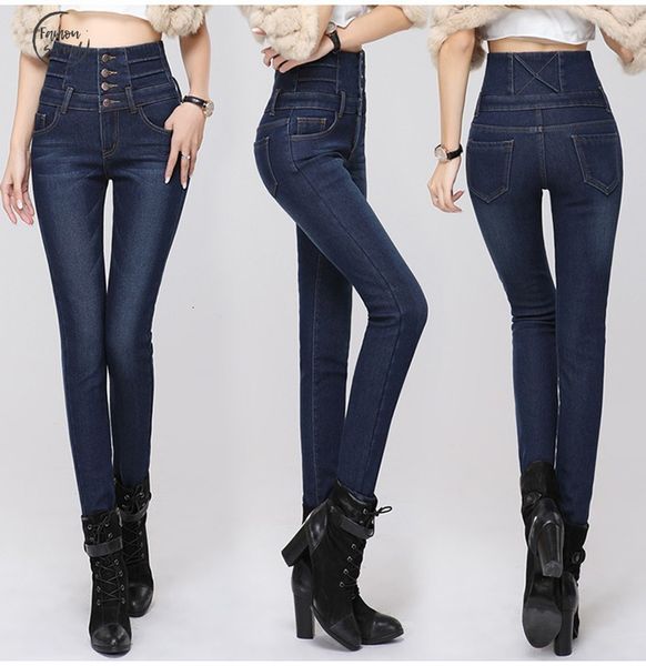 

ultra soft теплых джинсы зима женщины четыре манжета тощий подкручивать талию дизайн высокой талии сгущаться женские джинсы, Blue