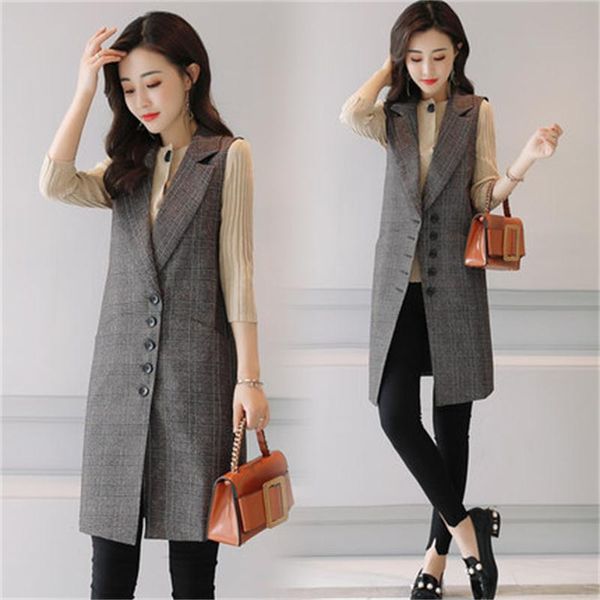 

elegant new spring and autumn suit vest women's long plaid fashion slim vest straight through jacket women, Black;white