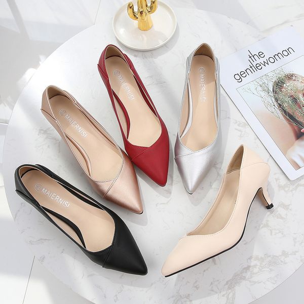 

plus size 36-46 women pointed toe pumps patent pu casual kitten heels boat wedding shoes zapatos de mujer y200702, Black