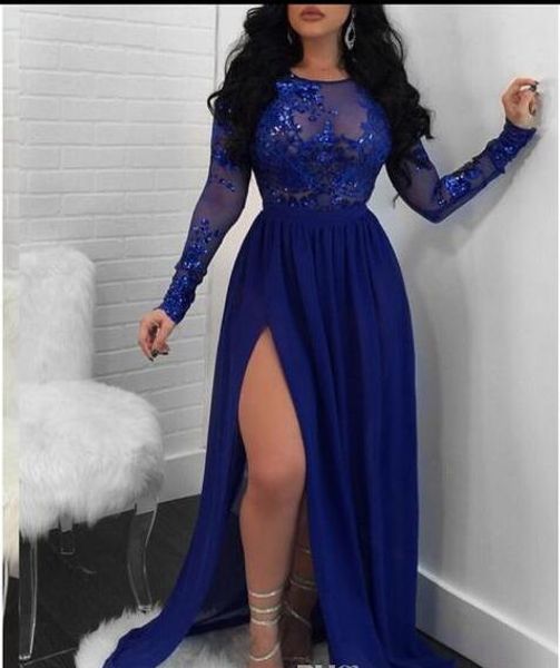 

evening dress crew neck with appliques long sleeves chiffon a line side split long party formal evening dresses gowns for women prom, Black