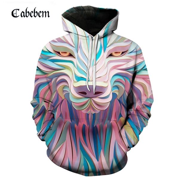 

2019 fashion trend youth loose hoodie 3d creative color wolf printing sports shirt punk print hoodies men tide brand hoodies, Black