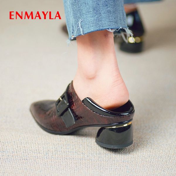 

enmayla 2019 basic dress women pumps slip-on patent leather square heel luxury shoes women designers neutral high heels, Black