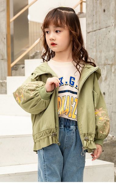 

последние модели взрыва с длинными рукавами осень новая тенденция вышивка куртки для девочек большие дети куртка с капюшоном для детей, Blue;gray