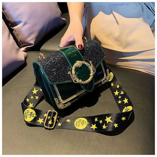

роскошная женщины площади закрылков bag2020 мода sequined лакированные сумки lady повседневный широкий ремень crossbody сумка