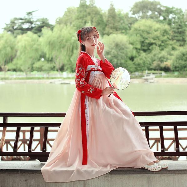 

chinese dance costume traditional stage outfit for singers women ancient dress folk festival performance clothing hanfu, Black;red