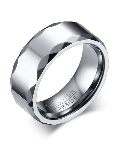 

engraving 8mm high polished tungsten carbide ring mens wedding band with faceted edge k3749, Silver