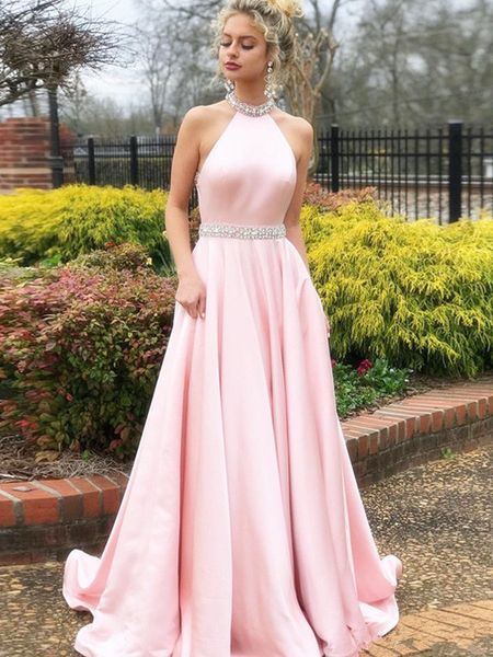 

bridesmaid dresses halter a line evening dresses elegant beautiful backless prom dresses peplum beaded sweep train custom made 152, White;pink
