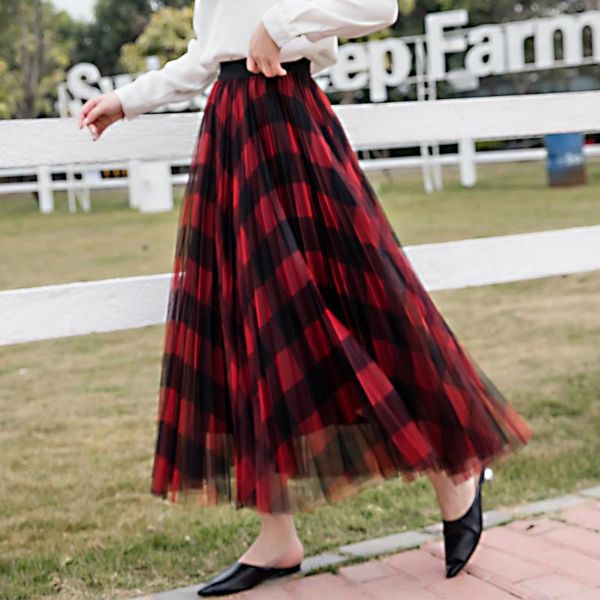 

skirts spring summer women vintage mesh patchwork long high waist plaid harajuku tulle a-line maxi for ladies, Black