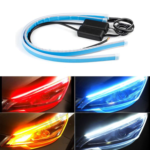 2x flexibles Auto-DRL-Blinkerlicht, weiß, bernsteinfarben, LED, fließende Leiste, Silikon, Tagesbeleuchtung, Röhre, Engelsaugen-Scheinwerfer-Dekorleiste