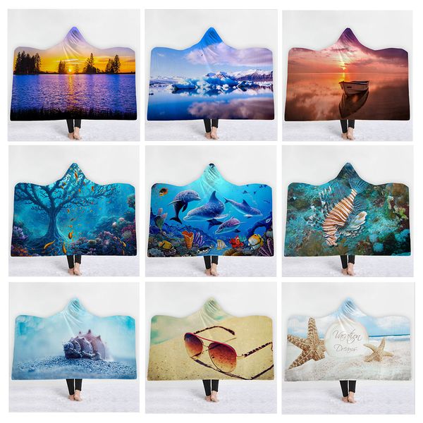 

ocean scenery hooded blanket for adults kids 3d printed soft fleece blanket for sofa wearable warm throw home travel