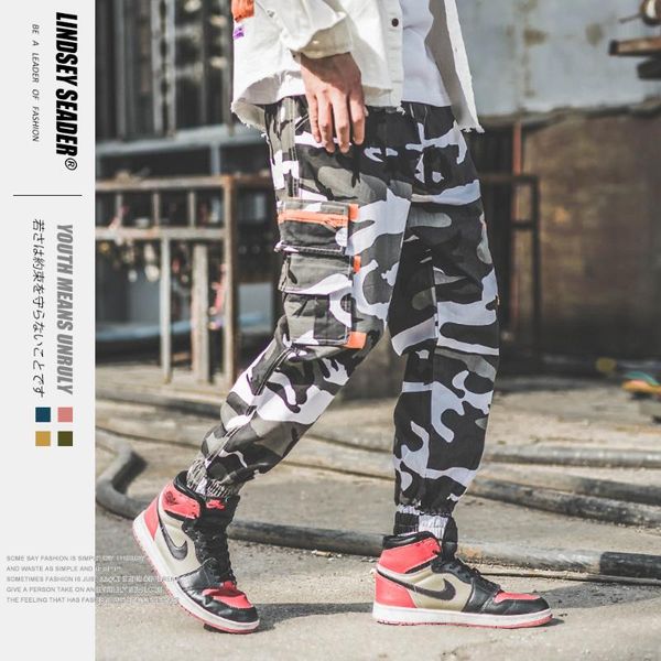 

lindsey seader side zipper pockets cargo harem joggers pants men hip hop casual sweatpants camouflage harajuku fashion trousers, Black