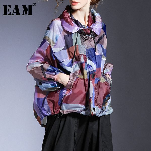 

eam] loose fit printed big size thin sunscreen jacket new hooded long sleeve women coat fashion tide spring summer 2020 1t727, Black;brown