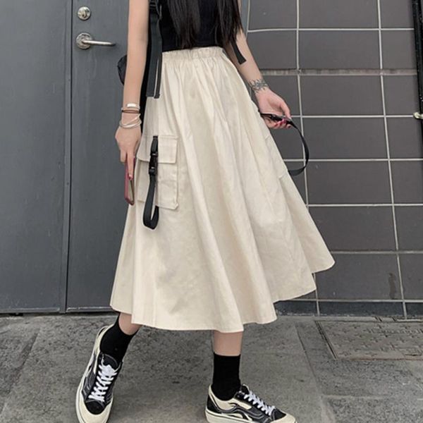 

skirts 2021 japanese korea summer women pocket harajuku streetwear preppy style solid khaki grey high waist a line midi, Black