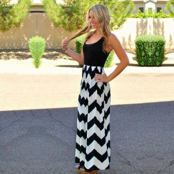 

fashion women sleeveless o-neck slim wave stripe long dress, Black;gray