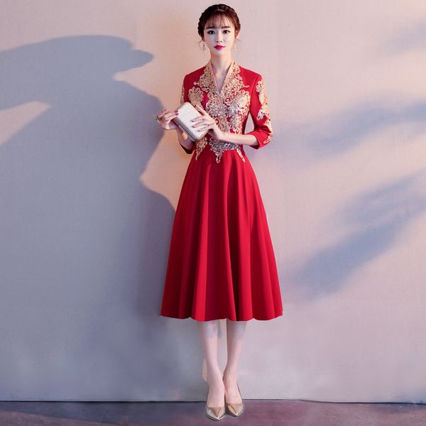 

2019 new women red bride wedding dress chinese stlye slim half sleeve cheongsam elegant appliques qipao vestidos de festa