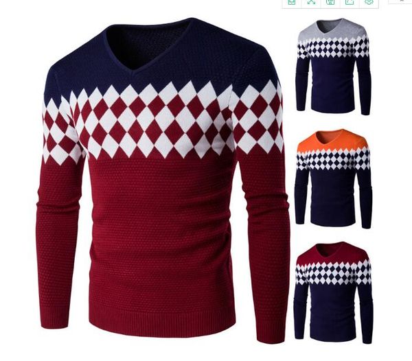 

2018 осень и зима мужская мода мужская европа и соединенные штаты ромб проверено свитер v-образным вырезом вязание свитер, White;black