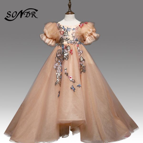 

long tulle flower girl dress ht162 vintage embroidery lace little girls pageant dresses puff sleeve flower girl ball gowns, Red;yellow