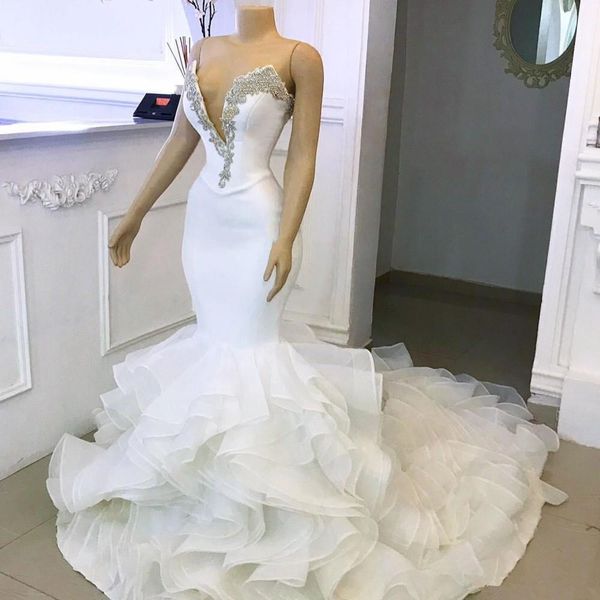 

vintage mermaid wedding dresses with crystals beads bridal dresses vestidos de novia organza tiered skirts lace-up back wedding gowns, White
