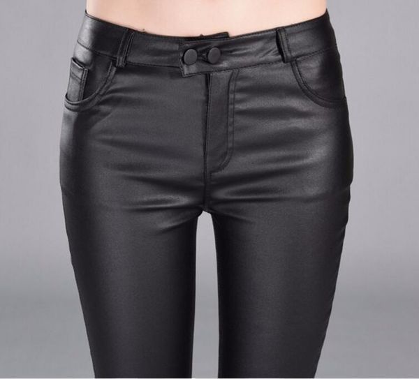 

pants women fur winter autumn women leather pants high waisted elastic shiny trousers slim female pencil leather pantalon femme, Black;white