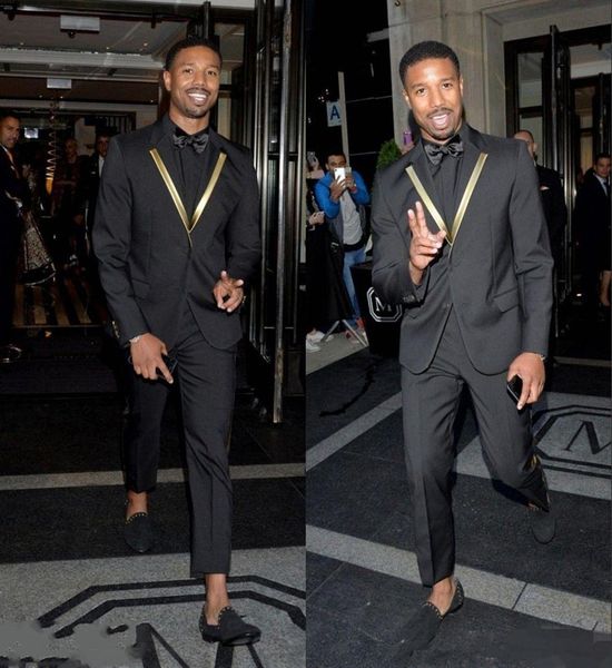 

Custom Made Gold Decorated Lapel Cool Black Mens Suits Groom Tuxedos Wedding Party Dinner Suits Blazer Popular Design (Jacket+Pants+Tie)