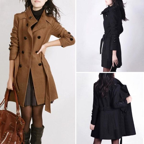 

2018 woolen coat long sleeve winter women pockets slim fit parkas plus size europe style female ladies autumn woolen coats, Tan;black