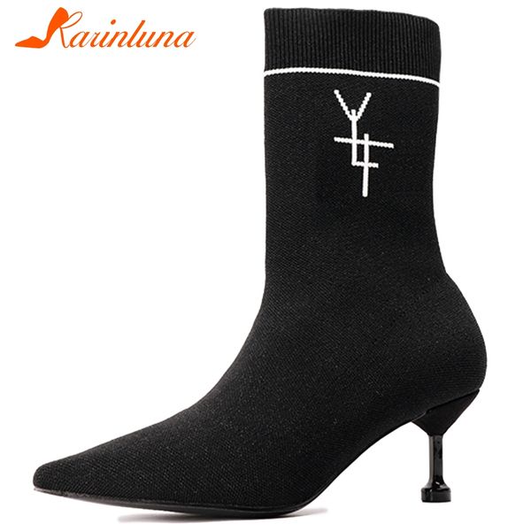 

karin new ladies thin high heels boots women pointed toe ankle stretch boots elegant black sock shoes woman