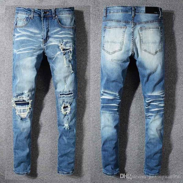 

фирменные джинсы известной брюки дизайнер моды амирите мужских джинсы отверстия брюки случайной брюки патч брюки ноги горячий продавать узки, Blue