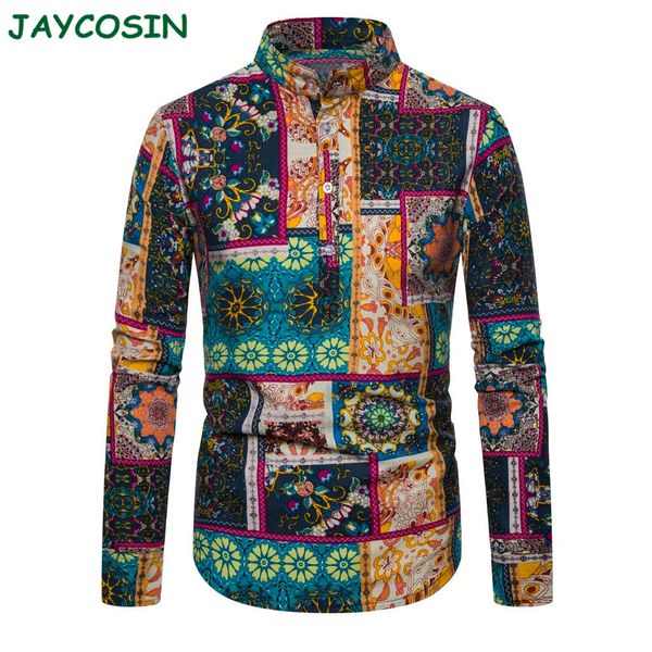 

jaycosin men clothes 2019 ethnic print long sleeve blouse shirt men autumn winter fashion casual stand hawaiian shirt homme 1115, White;black