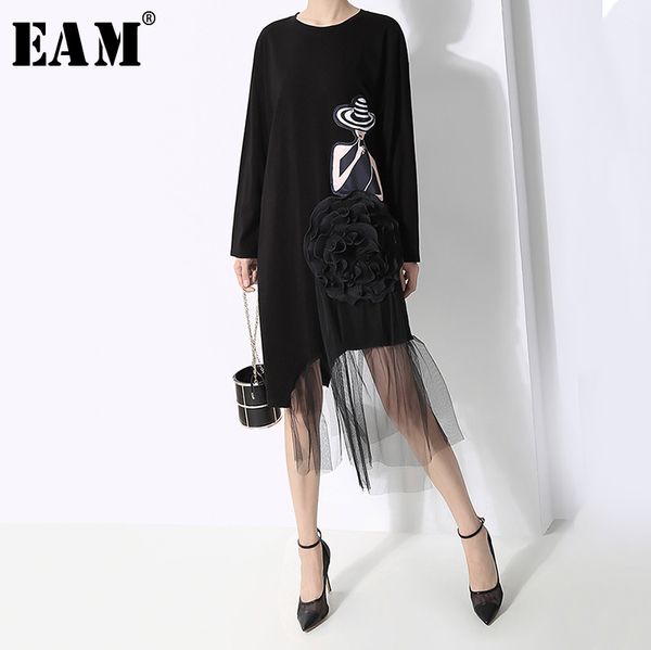 

eam] women mesh spliced print asymmetric dress new round neck long sleeve loose fit fashion tide spring autumn 2020 1b253, Black;pink