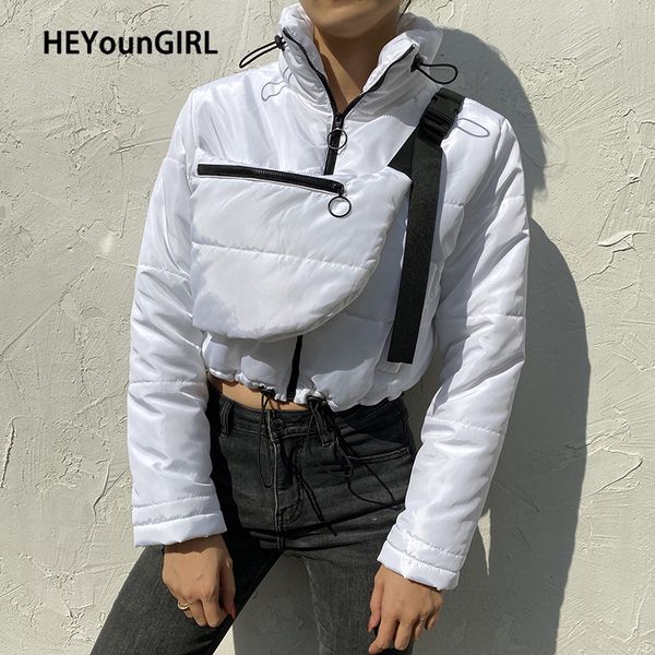 

heyoungirl white casual winter puffer jacket women with bag fashion warm bubble coats ladies long sleeve parka stand collar 2020, Black