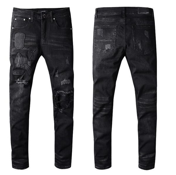

designer men jeans amiri brand jeans mens casual hole shorts washed old patch pants embroidery denim pants feet pants#12, Blue