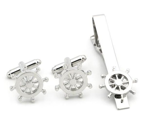 

10sets/lot copper ship rudder cufflinks tie clip set ship boat anchor rudder cuff links&tie pin bar set men's jewelry, Silver;golden